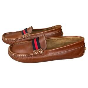 Elephantito Leather Club Loafer Natural Brown Navy Red Ribbon Boy's Size 2